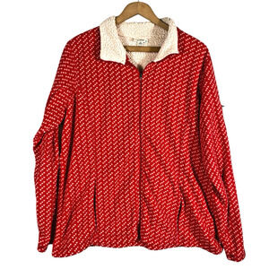 LL Bean Fleece Jacket Womens Sz XL Red Birdseye Sherpa Collar Cabincore Gorpcore